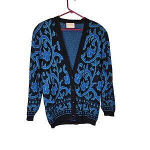 Vintage 80s 90s Pendleton Wool Cardigan Sweater Blue Black Button‎ Puff Sleeve M